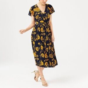 J Crew Pleated Floral Midi Dress Navy Gold V Neck Women’s Size 0 Sun Flower
